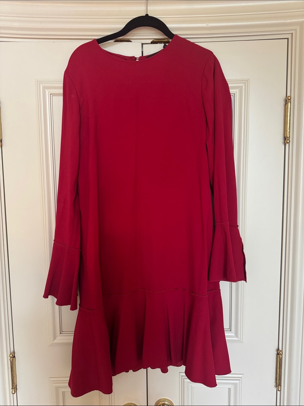 Theory Red Long Sleeve Ruffle-Hem Dress